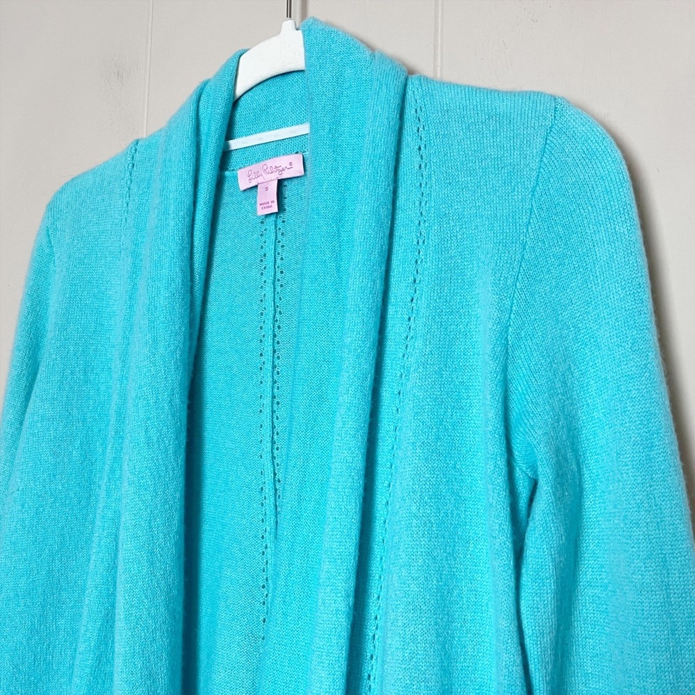 Lilly‎ Pulitzer 100% Cashmere Turquoise Ruffle Cardigan Small open front sweater - Picture 3 of 9